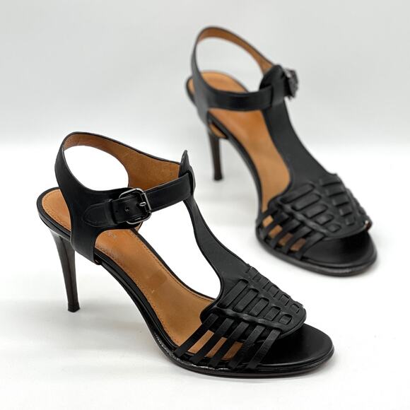 COACH Izzy Woven Leather Heel Sandal T Strap Womens 8 Black Ankle Strap Classic - Picture 1 of 13